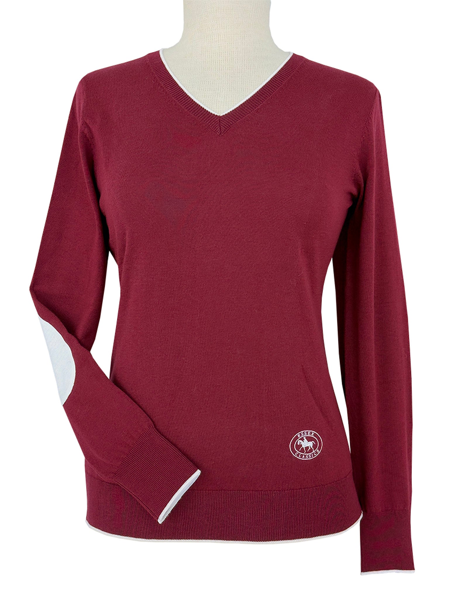 Essex Classics Cranberry with Ivory Trey V-Neck Sweater