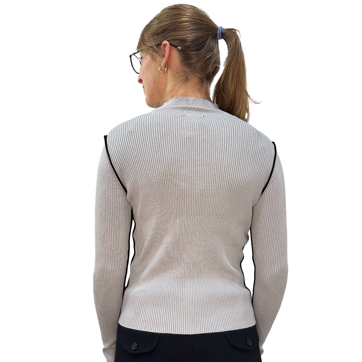 Kastel Dove Gray Ribbed Mock Neck Sweater with Black Piping